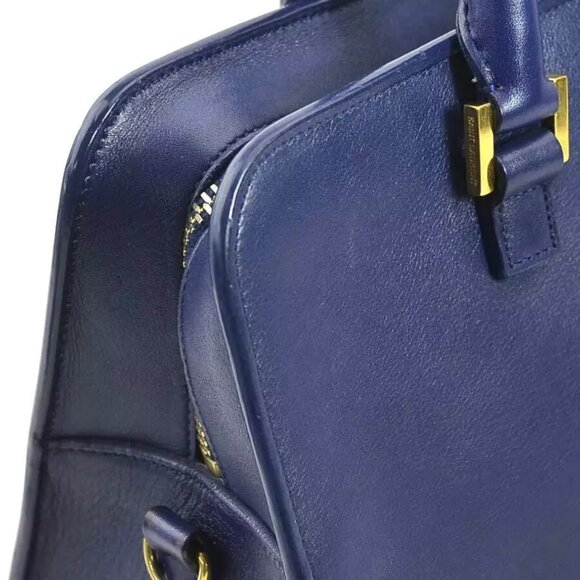 Auth SAINT LAURENT Cabas Handbag Shoulder Bag Navy Leather/Goldtone - Picture 6 of 16